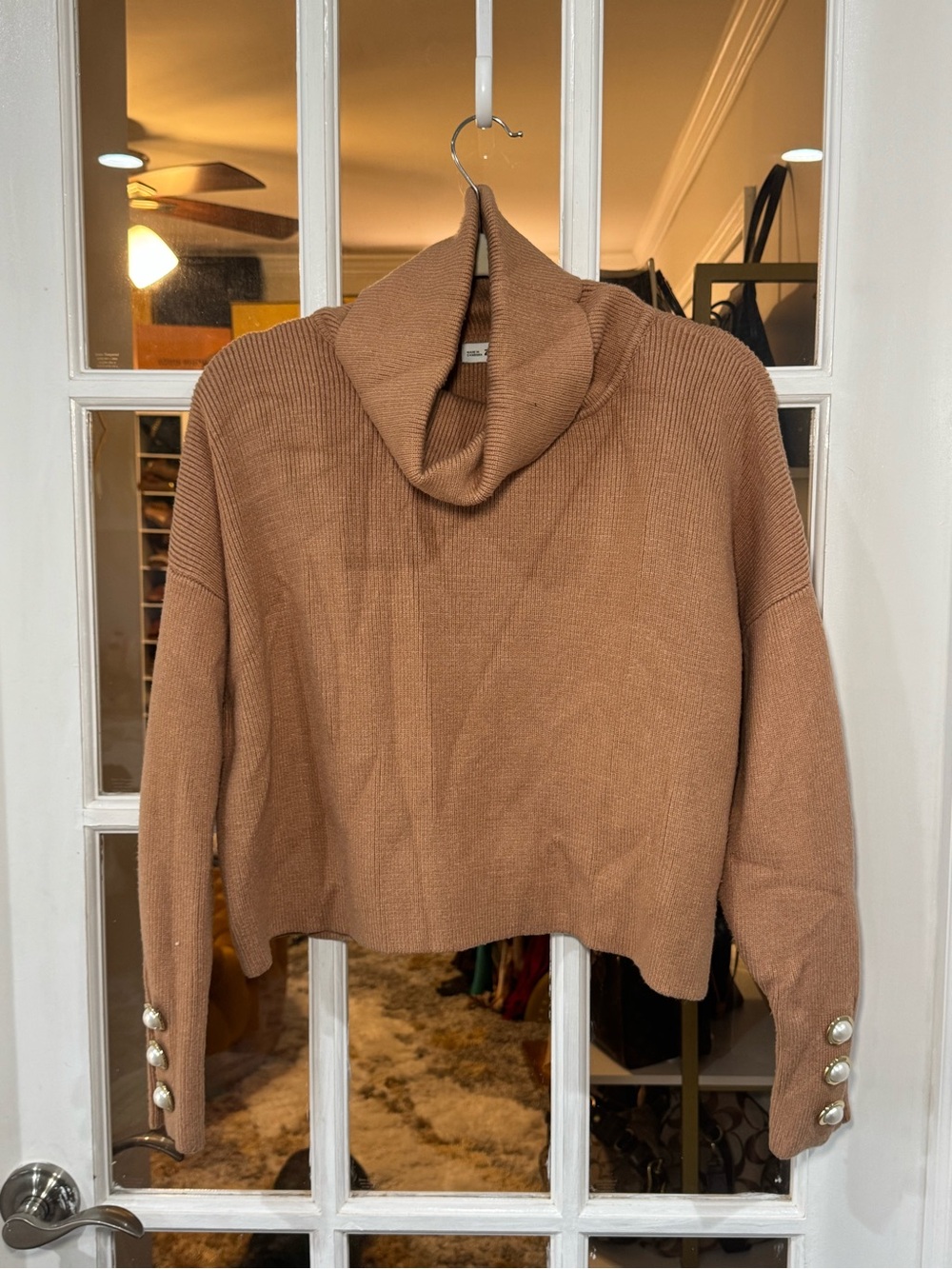 Zara Cropped Cowl Neck Sweater in Camel Brown and Pearl Accents on Sleeves